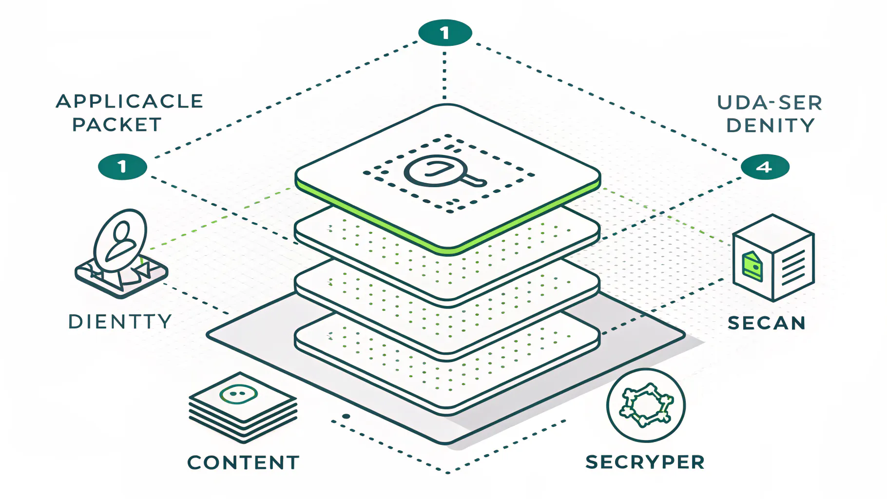 Diagram of a next-generation firewall inspecting one packet across application, user, content, and encryption layers.