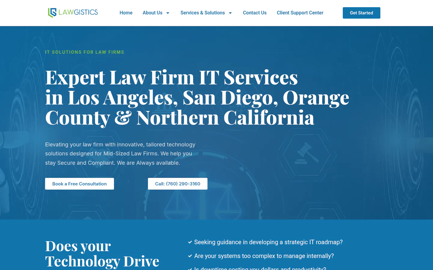 Lawgistics law firm IT services in Los Angeles, homepage