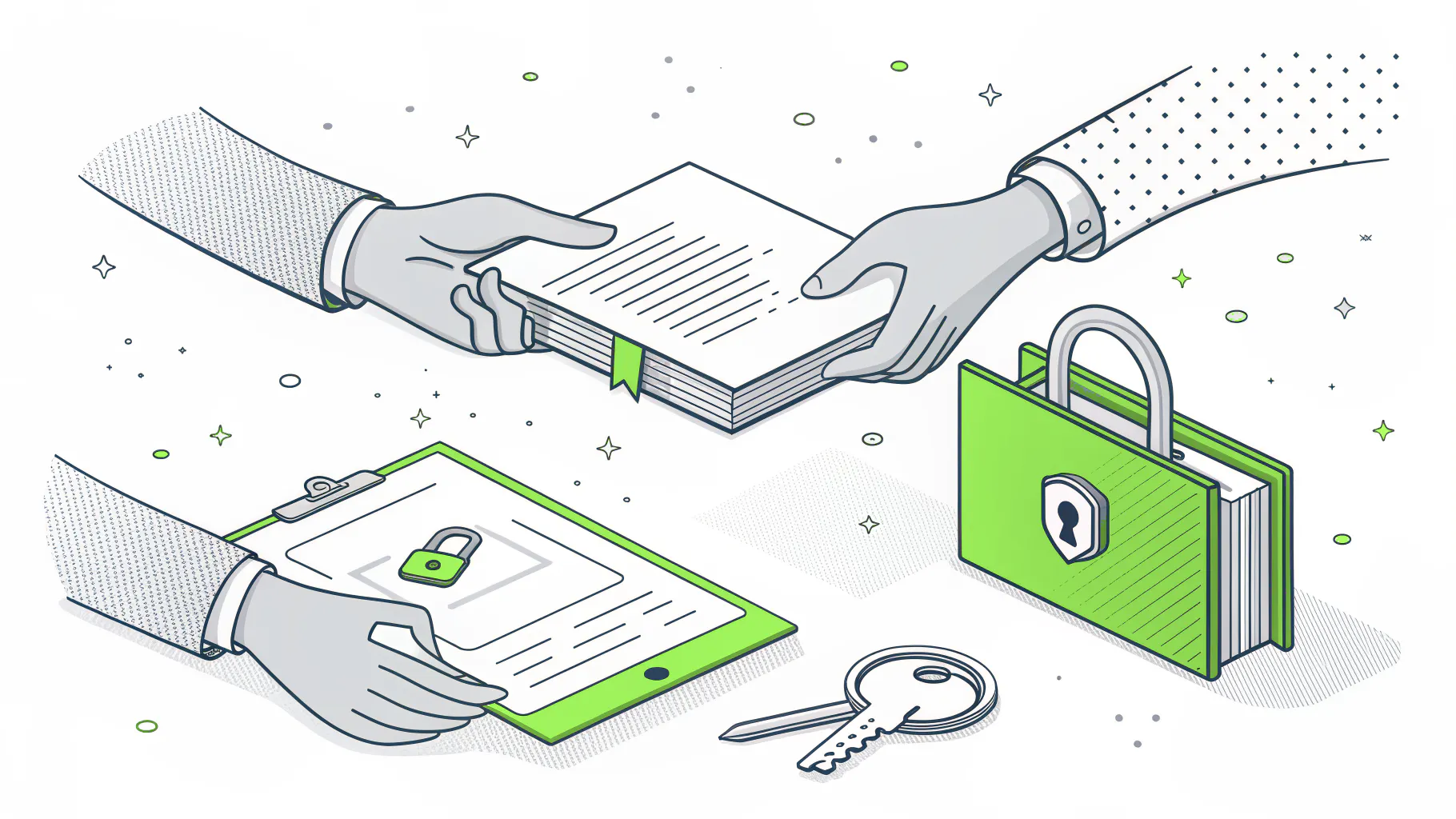 Two hands passing a folder of security documents, with a clipboard, a locked binder, and a key, representing a vCISO handover to a full-time CISO