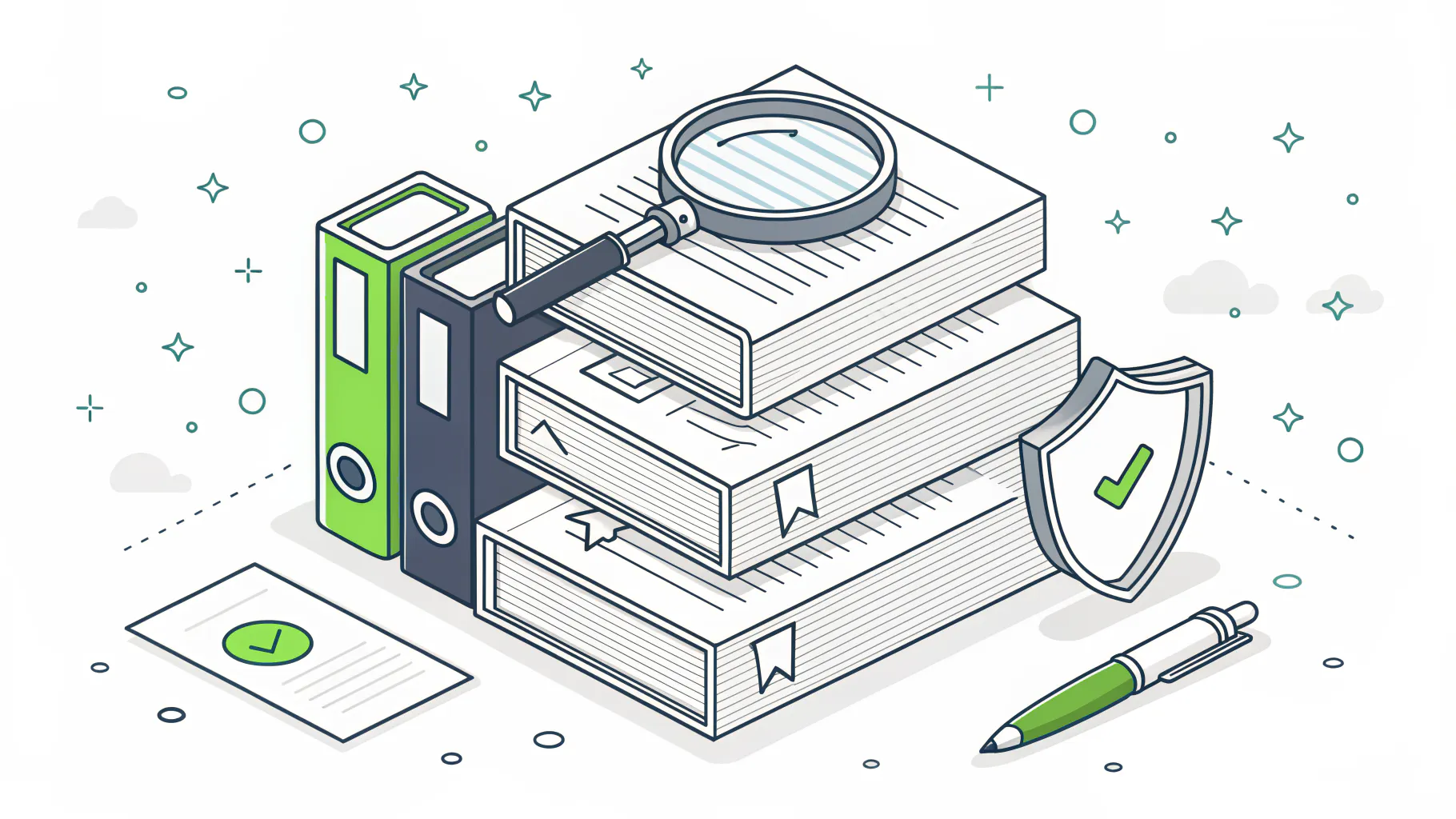 Isometric illustration of stacked document binders and folders with a magnifying glass and a shield, representing the SSCA evidence library
