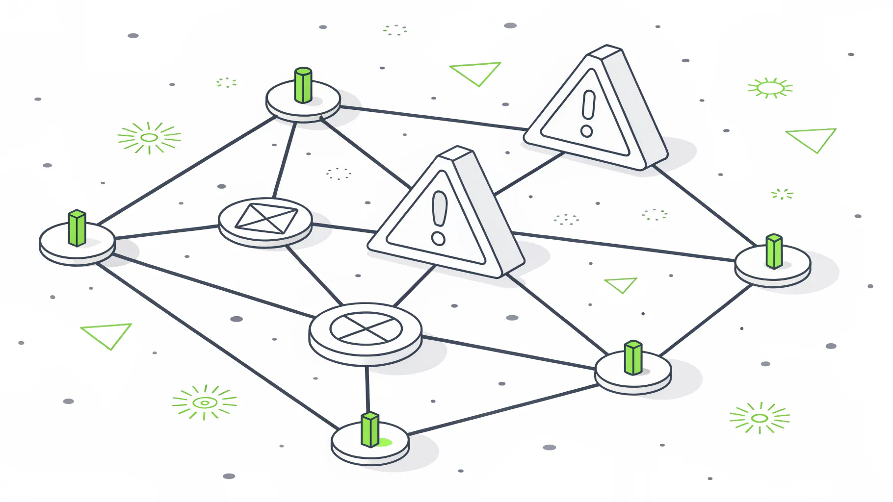Flat network of connected nodes with several broken links marked by warning symbols, representing where IT and OT security falls apart in electronics manufacturing