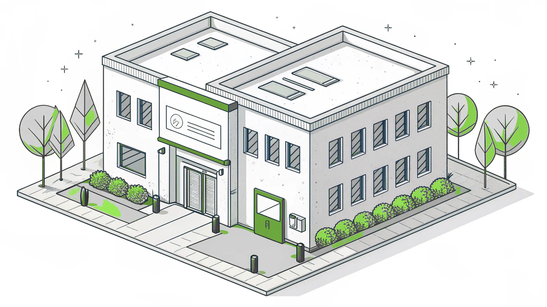 Office building with a main entrance, a side door, and a wall-mounted mailbox