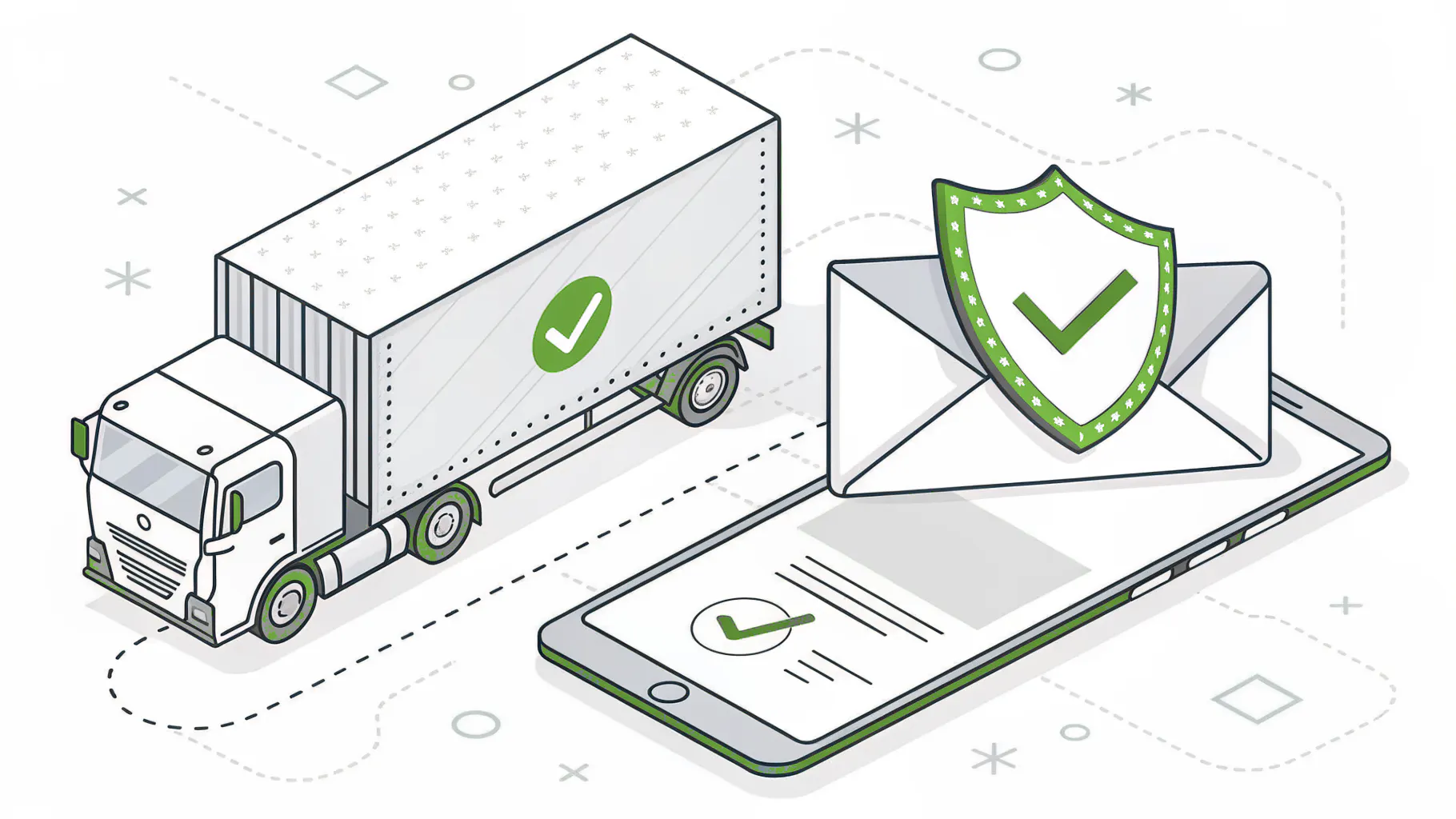 A delivery truck beside an email envelope guarded by a shield and checkmark, representing email security and verification controls against cyber-enabled cargo theft