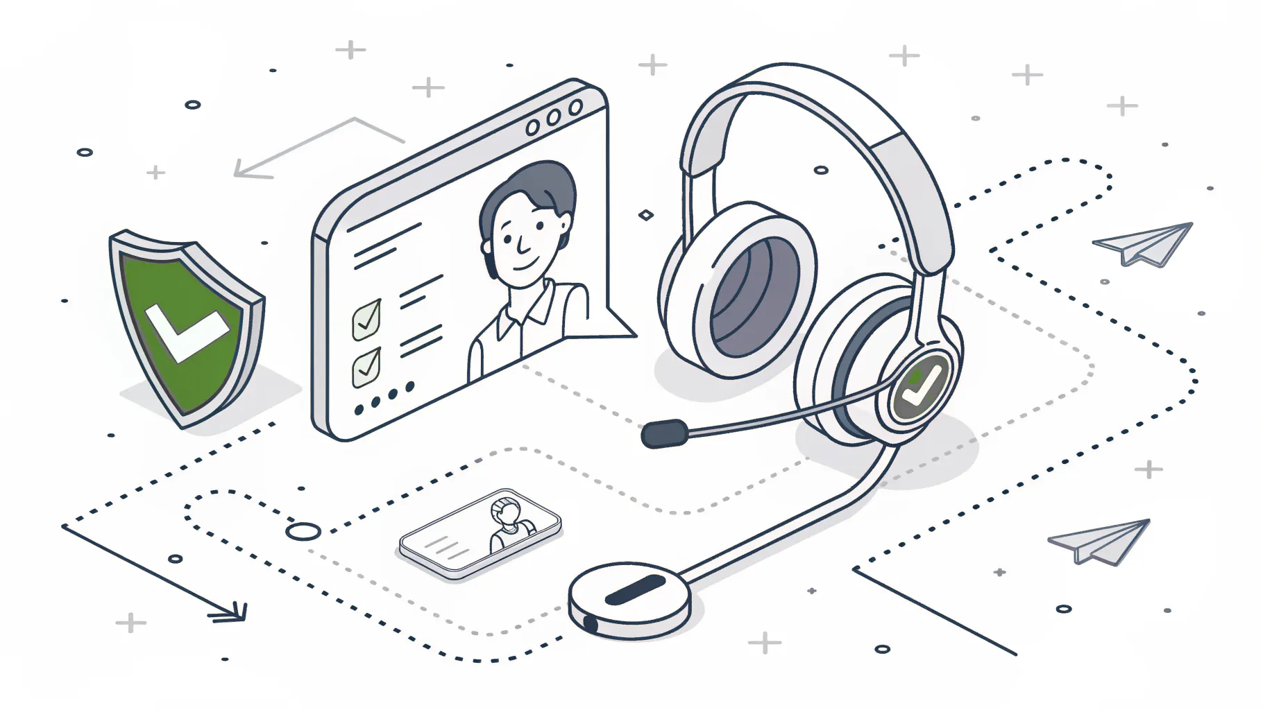 A help desk headset, an ID card, and a verified shield leading to a key, illustrating identity-verified account recovery