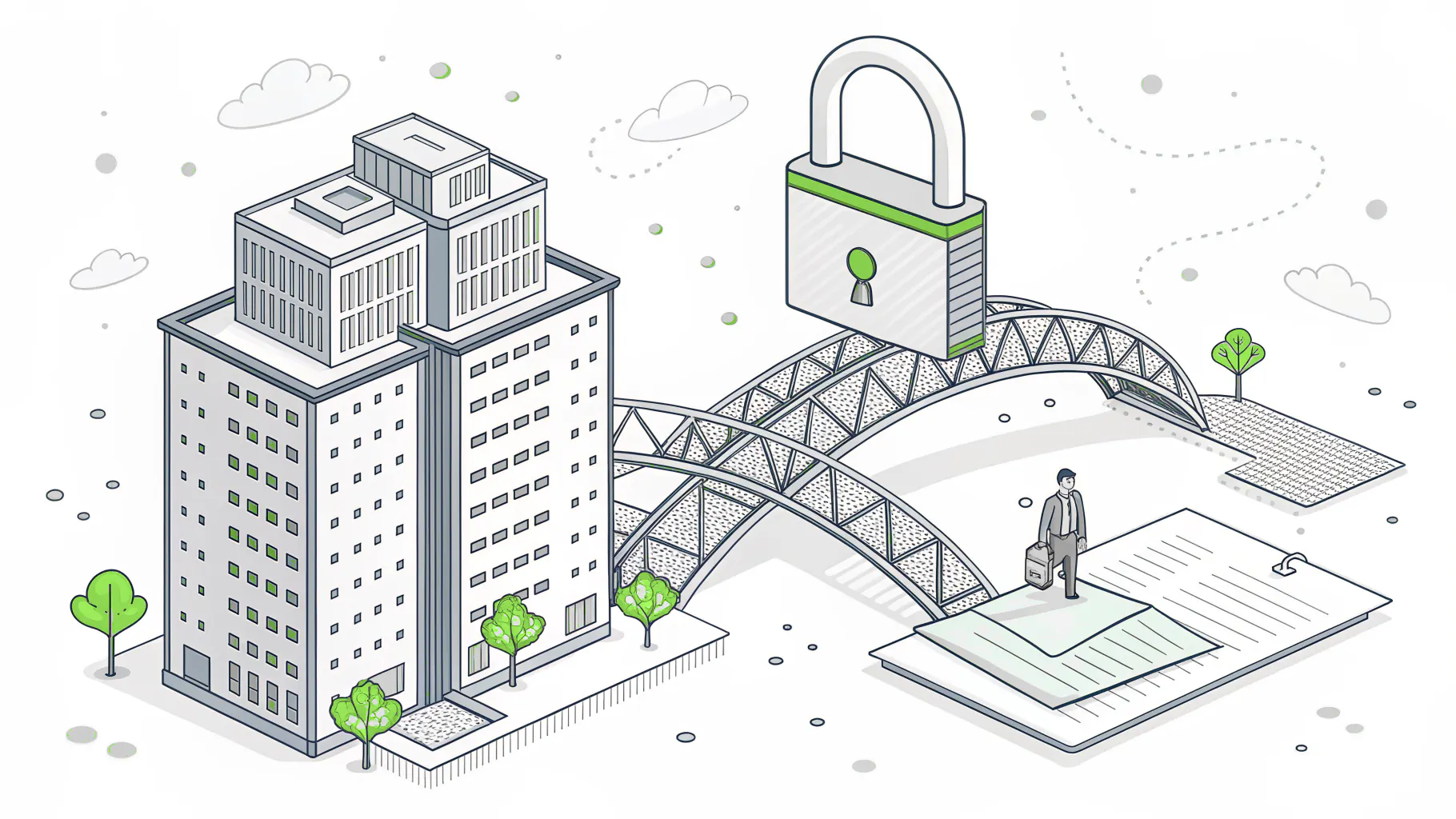 Office building connected by a footbridge to a shared document, with a padlock above the bridge