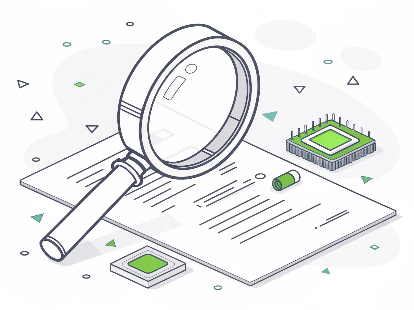 Line illustration of a magnifying glass held over an audit document beside a microchip