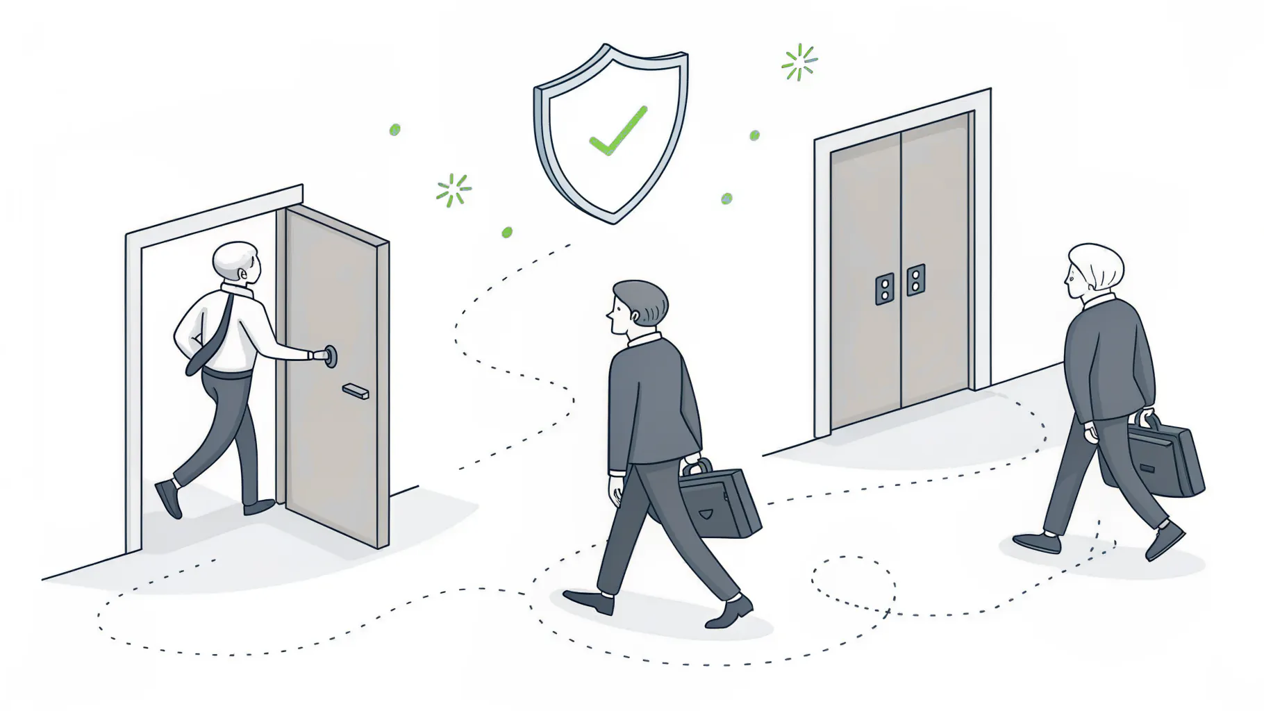 Three employees entering, moving between, and leaving through office doors under a shield with a checkmark