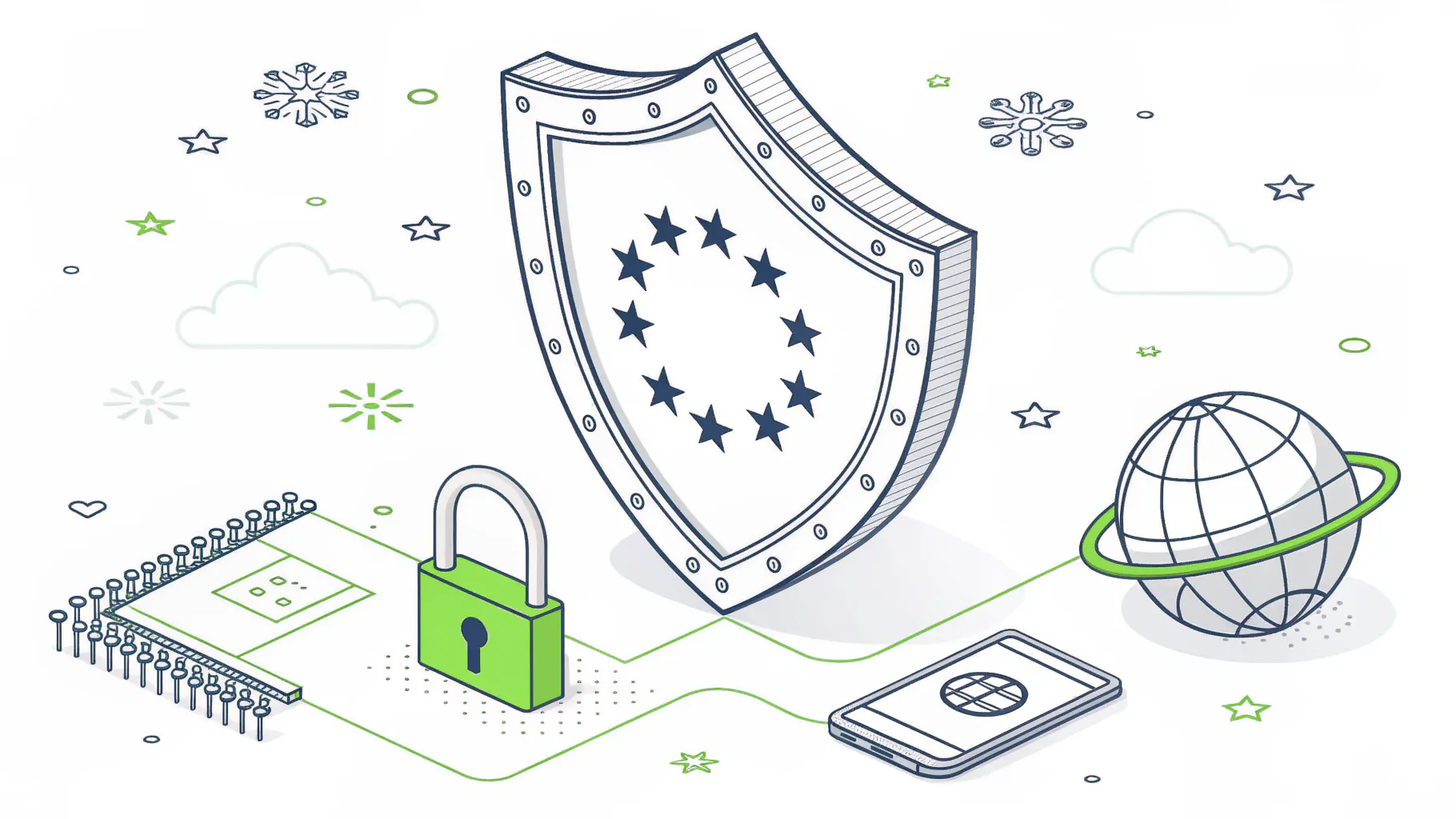 A shield marked with the EU ring of stars, beside a padlock, an AI chip, and a globe