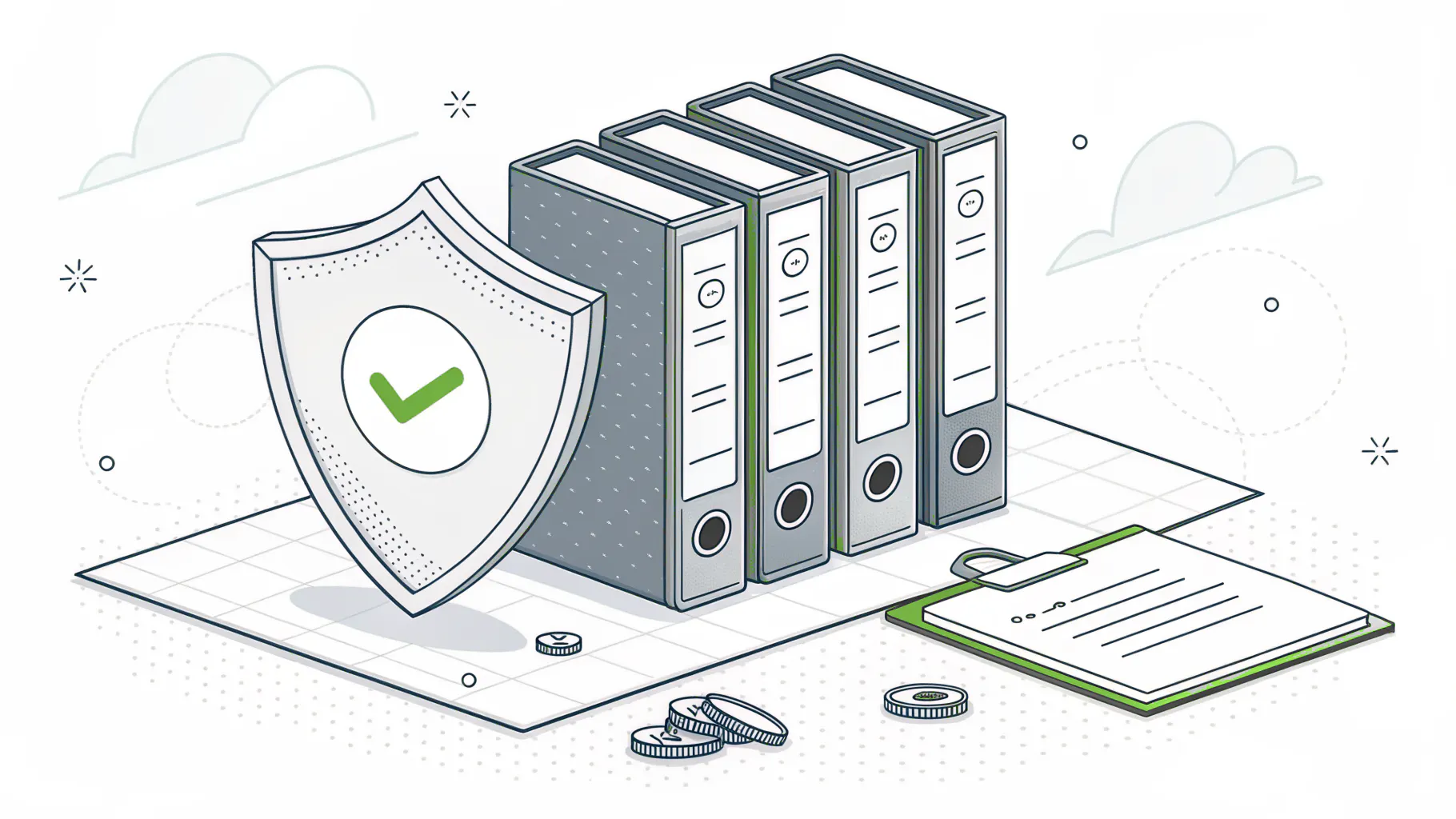 A shield with a green checkmark in front of a row of compliance binders, representing documented security controls ready for an audit