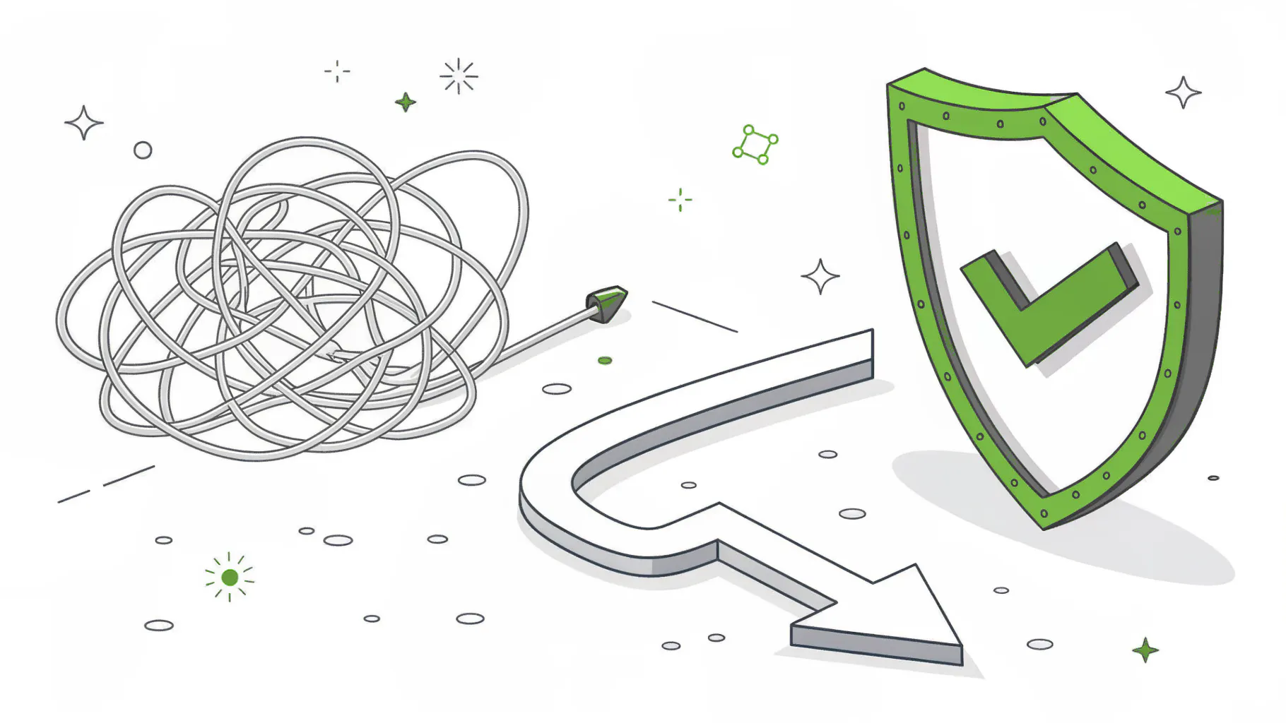 A tangle of lines resolving into an arrow toward a green shield with a check mark, representing the switch from break-fix to managed IT