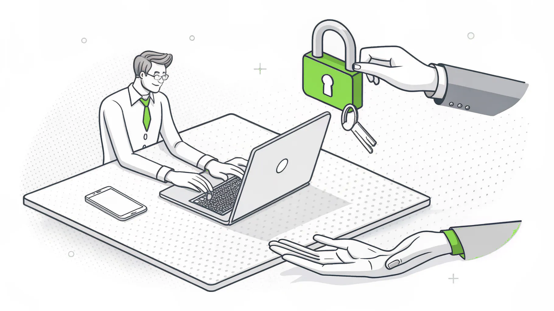 A hand taking back a padlock and keys from a freelancer at a laptop, representing removing freelancer access on their last day