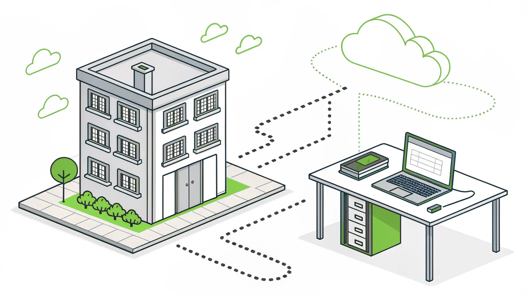An office building linked by a network line to a cloud and a laptop on a desk, representing a Long Beach business moving from an on-site server to Microsoft 365