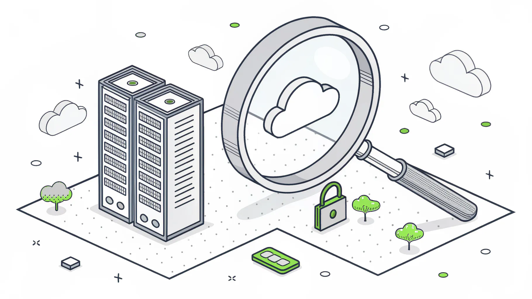 A magnifying glass over a cloud beside server towers and a padlock, representing an IT risk assessment that looks past the network