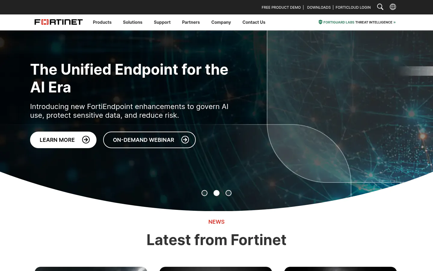Screenshot of the Fortinet homepage
