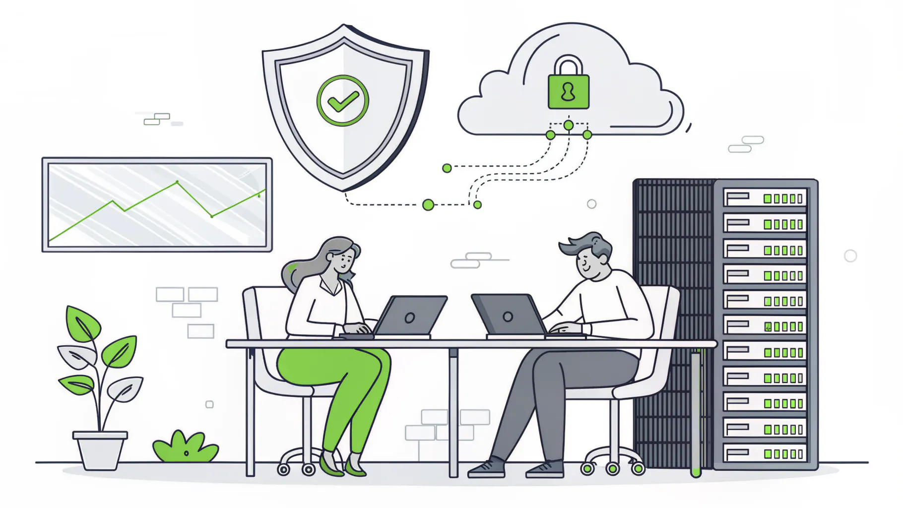 Two IT professionals sharing a desk beside a server rack with a security shield and cloud