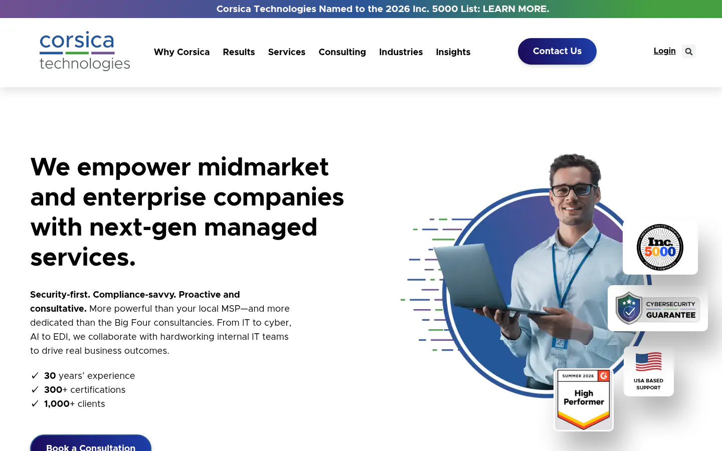 Corsica Technologies homepage, next-gen managed services