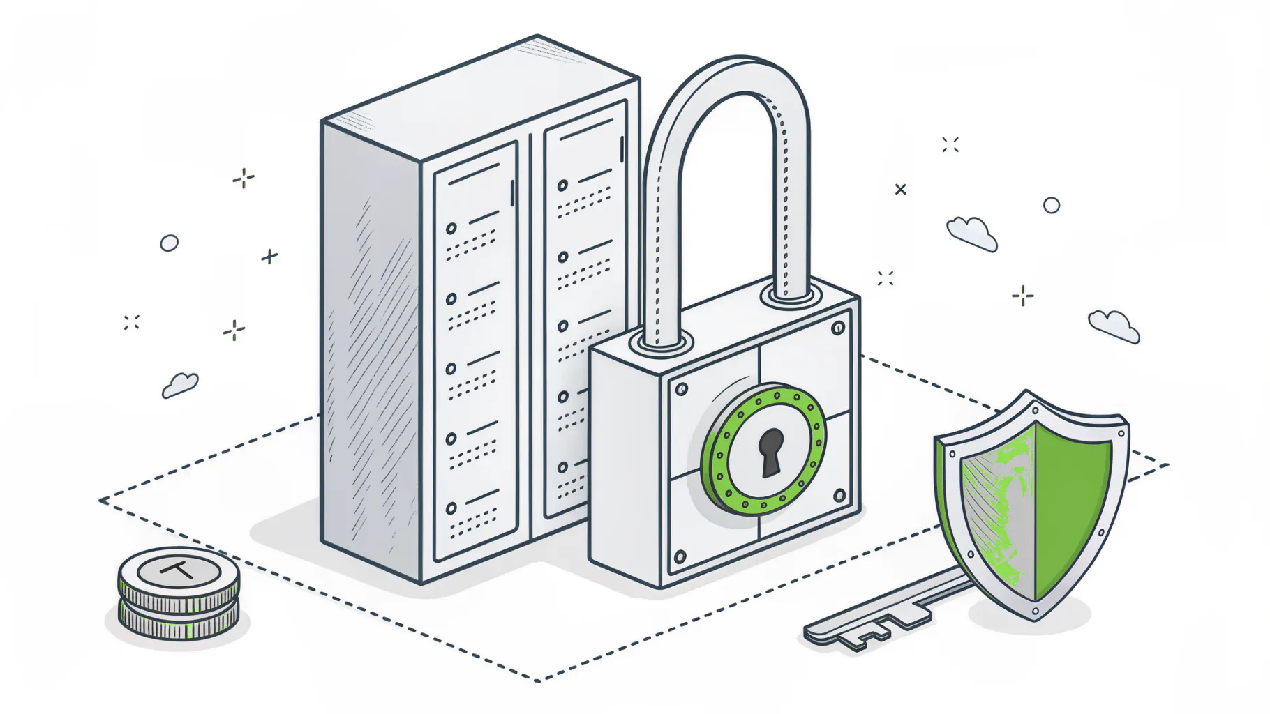 A padlock and a ring of keys in front of a server cabinet, representing how an MSP locks down its own admin access