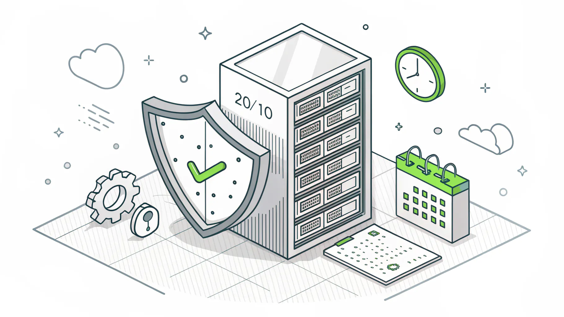 Isometric illustration of a shield protecting a small server rack beside a calendar and clock