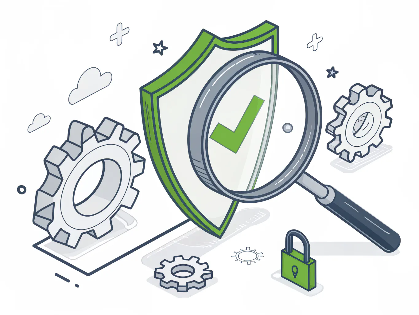 Magnifying glass over a security shield with a checkmark, representing ISO 27001 audit evidence review