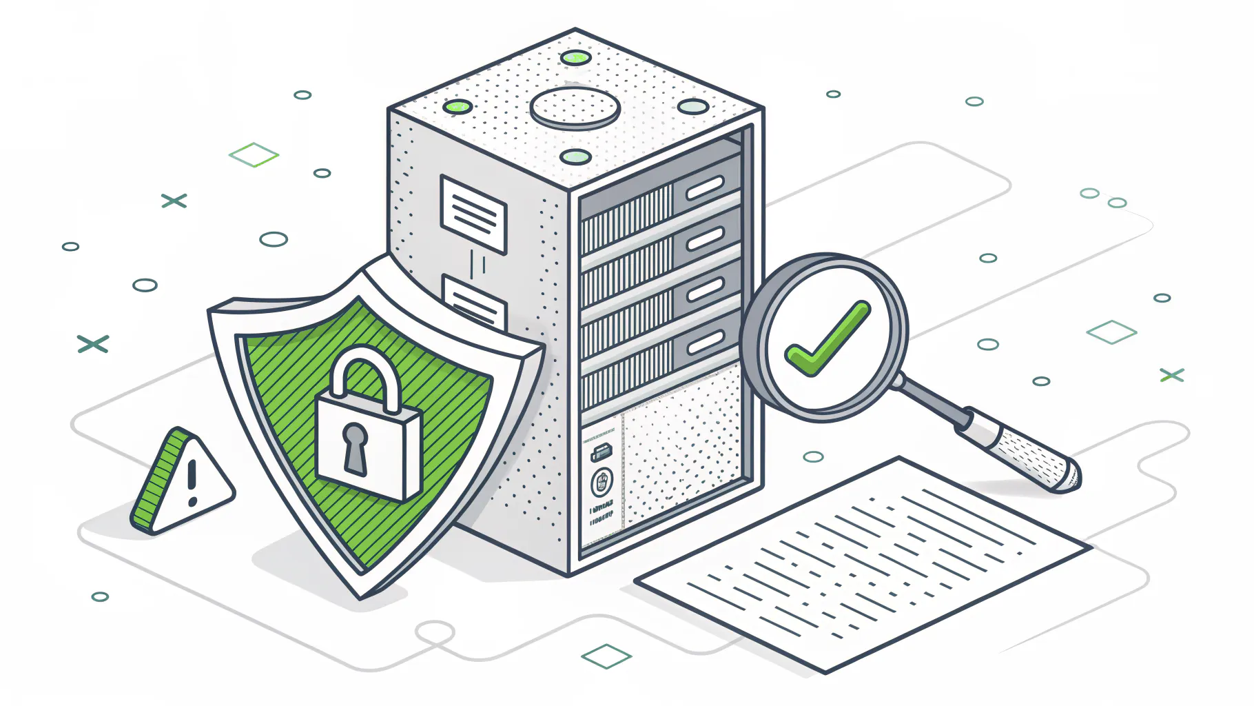 A server with a shield and padlock beside a magnifying glass inspecting a document during a forensics review