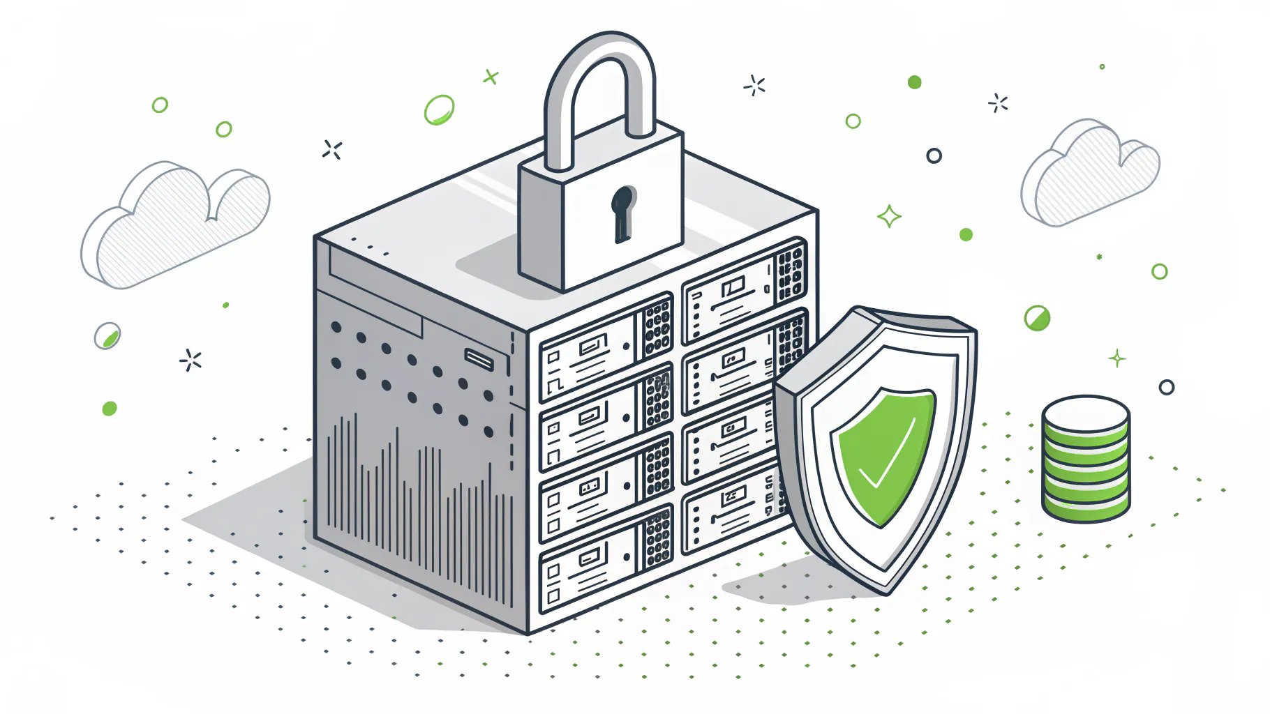 A padlock and shield beside a server rack, representing the security gaps a threat hunt uncovers