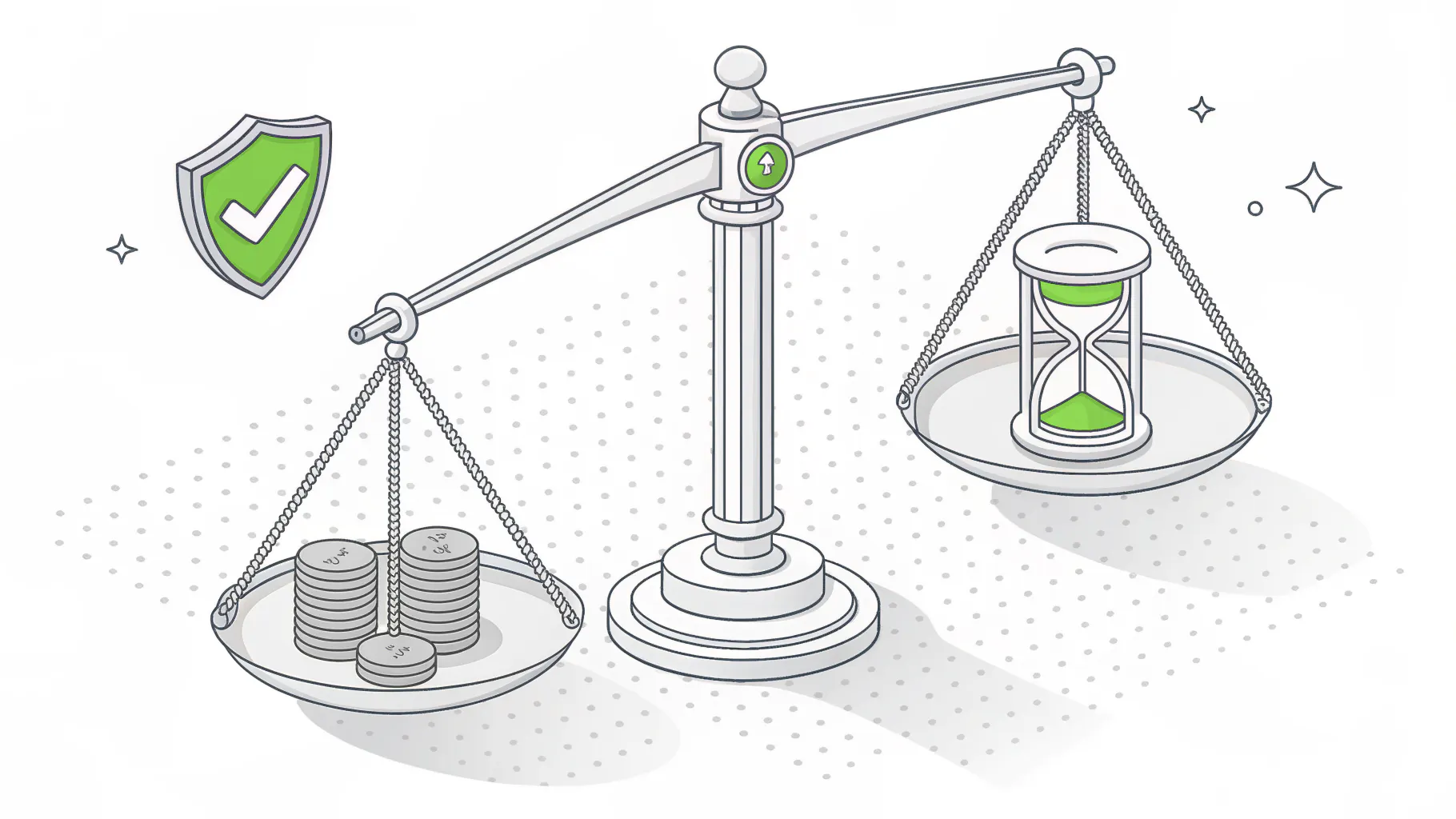 A balance scale holding an hourglass on one side and a stack of coins on the other, representing paying for hours of senior IT leadership