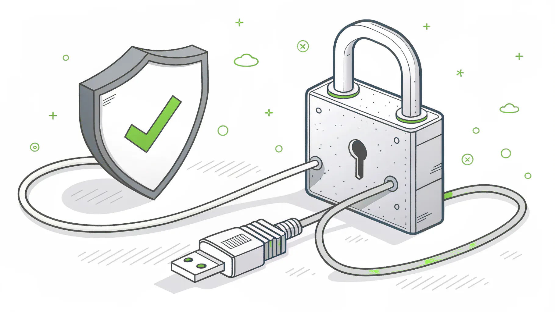 A shield with a green check mark and a padlock, with a network cable unplugged in front of them