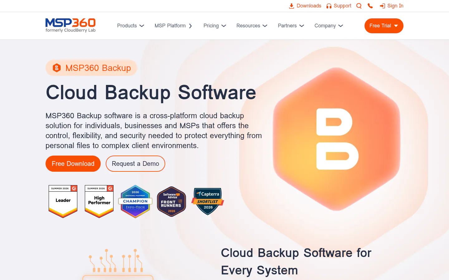 MSP360 Backup homepage screenshot, captured August 12, 2026
