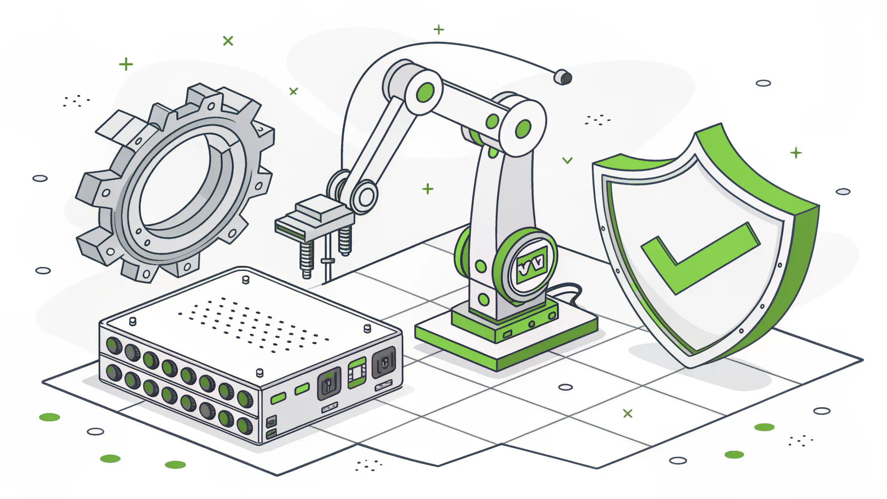 A robotic arm, network switch, gear, and shield on a factory floor, representing the shop-floor devices a manufacturing IT quote has to cover