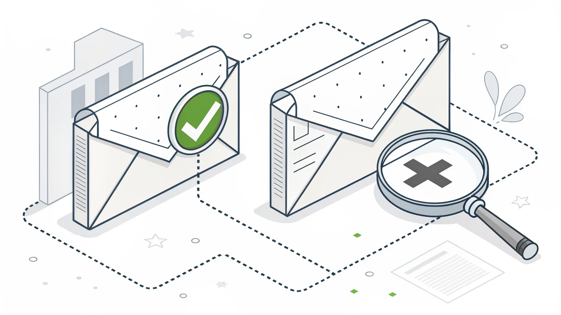 Two email envelopes compared, one approved with a green check mark and one flagged with a cross under a magnifying glass