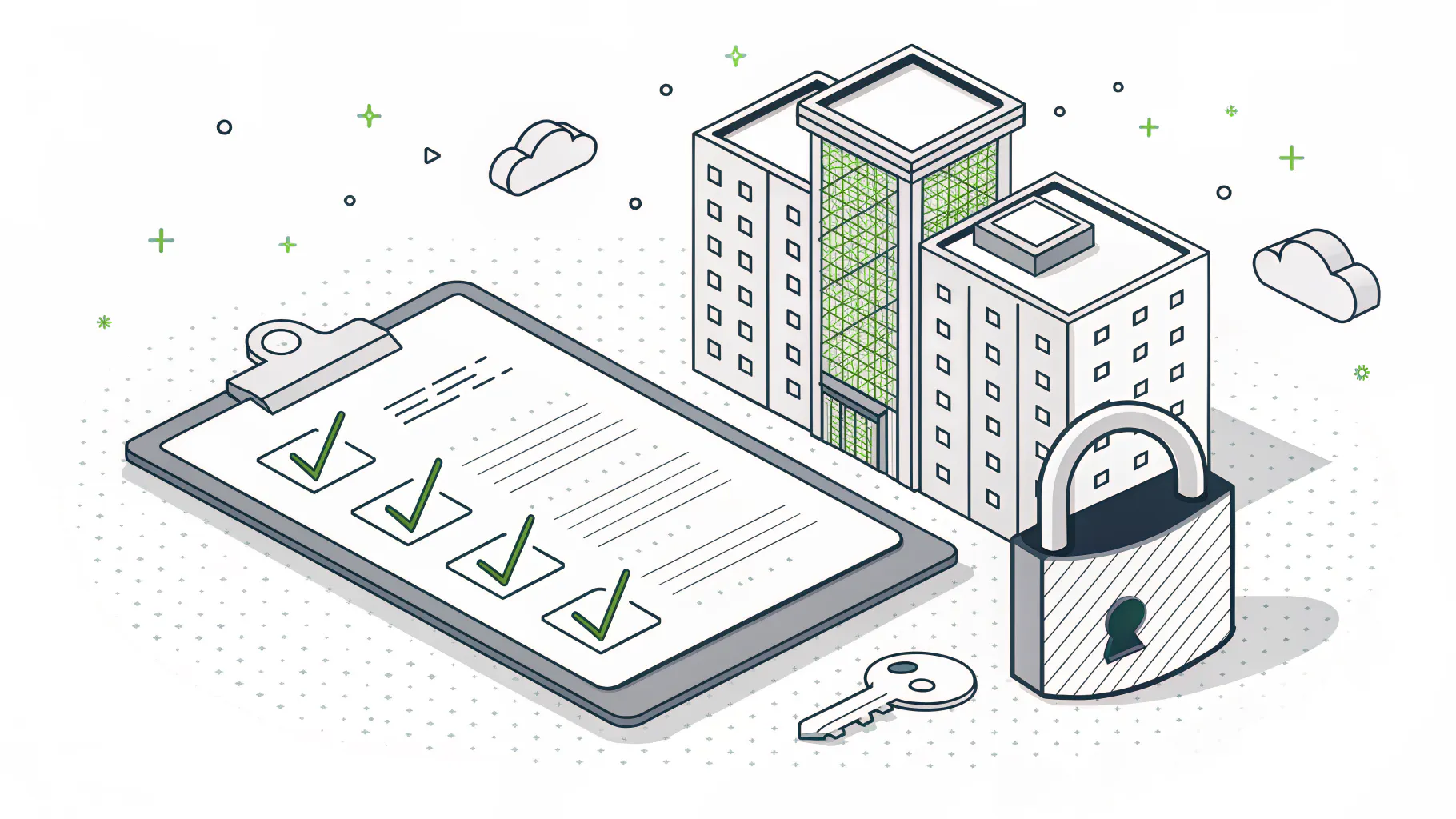 Isometric illustration of a checklist clipboard beside a padlock, a key and an office building, representing the organizational, people, physical and technological control categories in ISO 27001 Annex A
