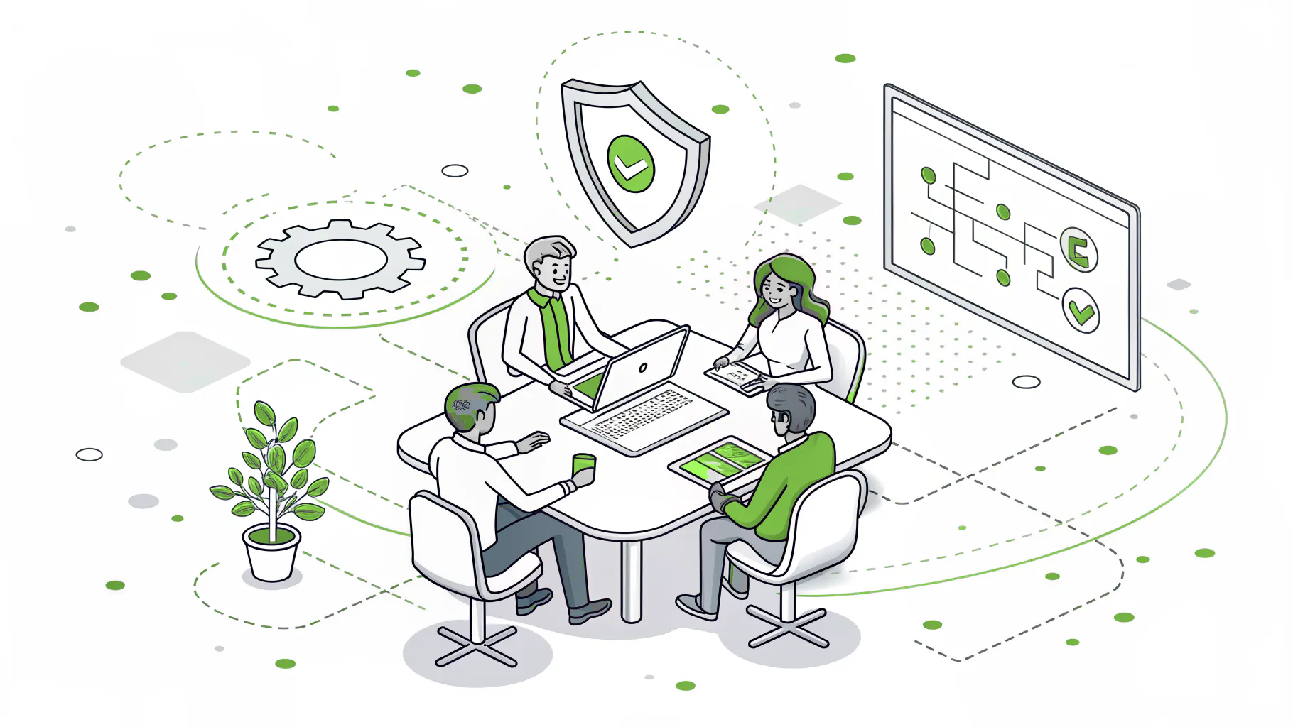 Business team reviewing an AI assistant with four connected risk management steps around a shield