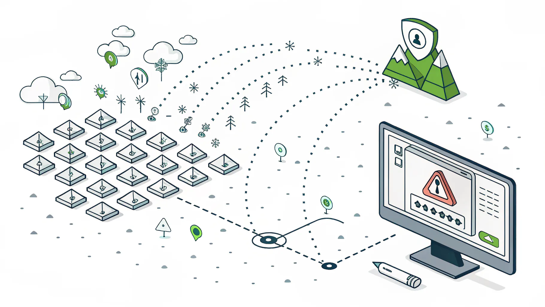 Scattered security alerts converging into a single correlated timeline on one screen.