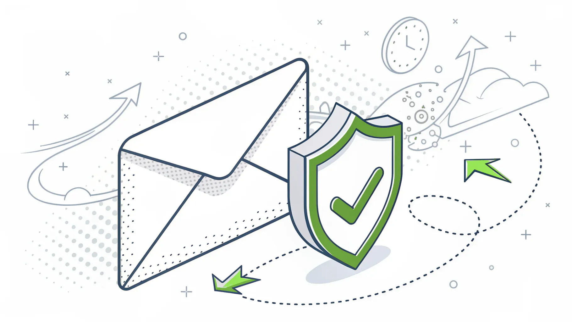 Email envelope passing a green shield with a check mark