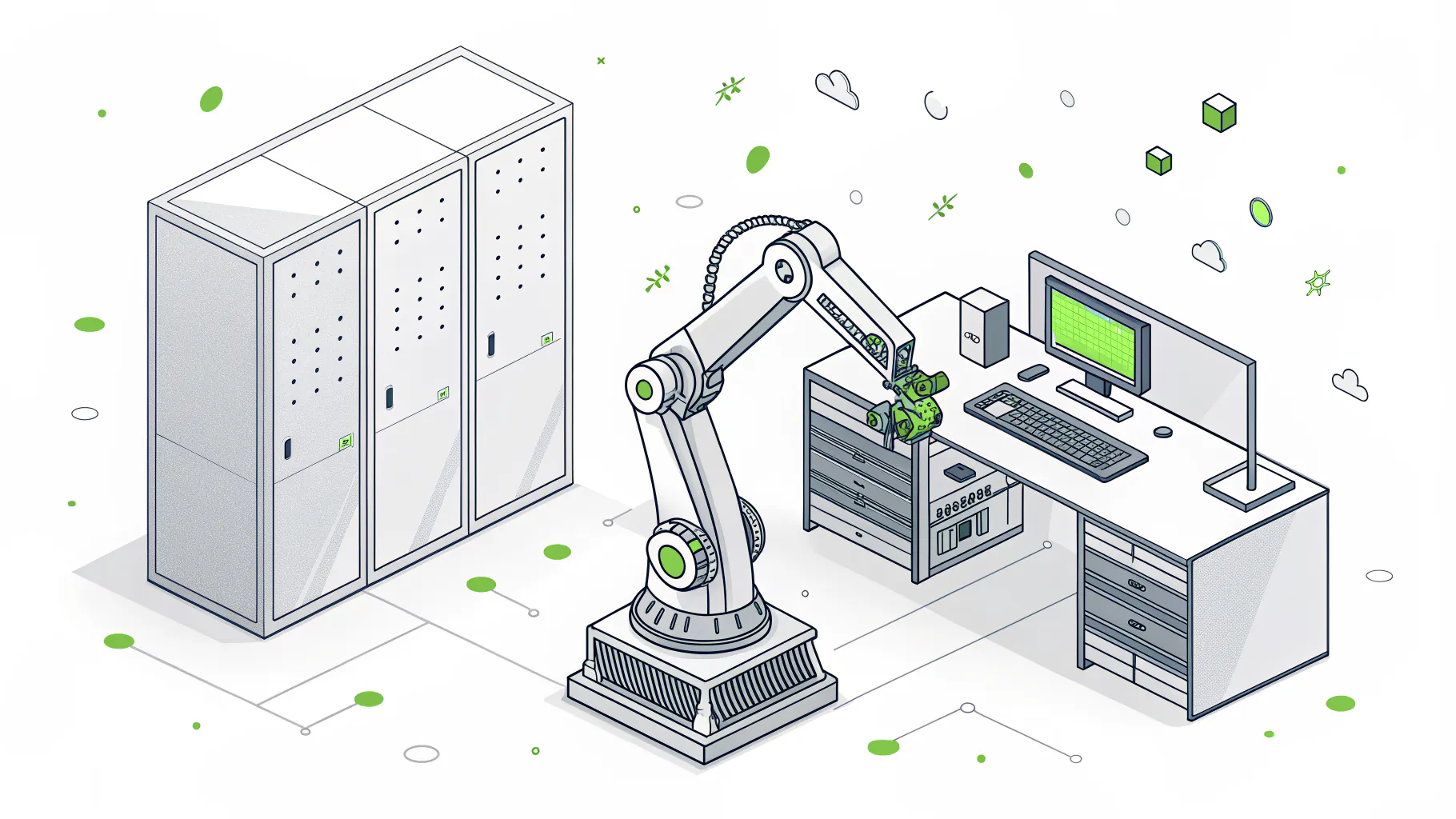 Isometric illustration of an industrial robot arm sitting between a bank of server cabinets and an office workstation, representing converged OT and IT networks on a manufacturing floor