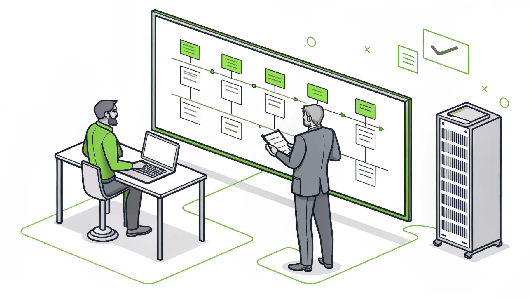 Executive and technology advisor planning an IT roadmap at a wall board