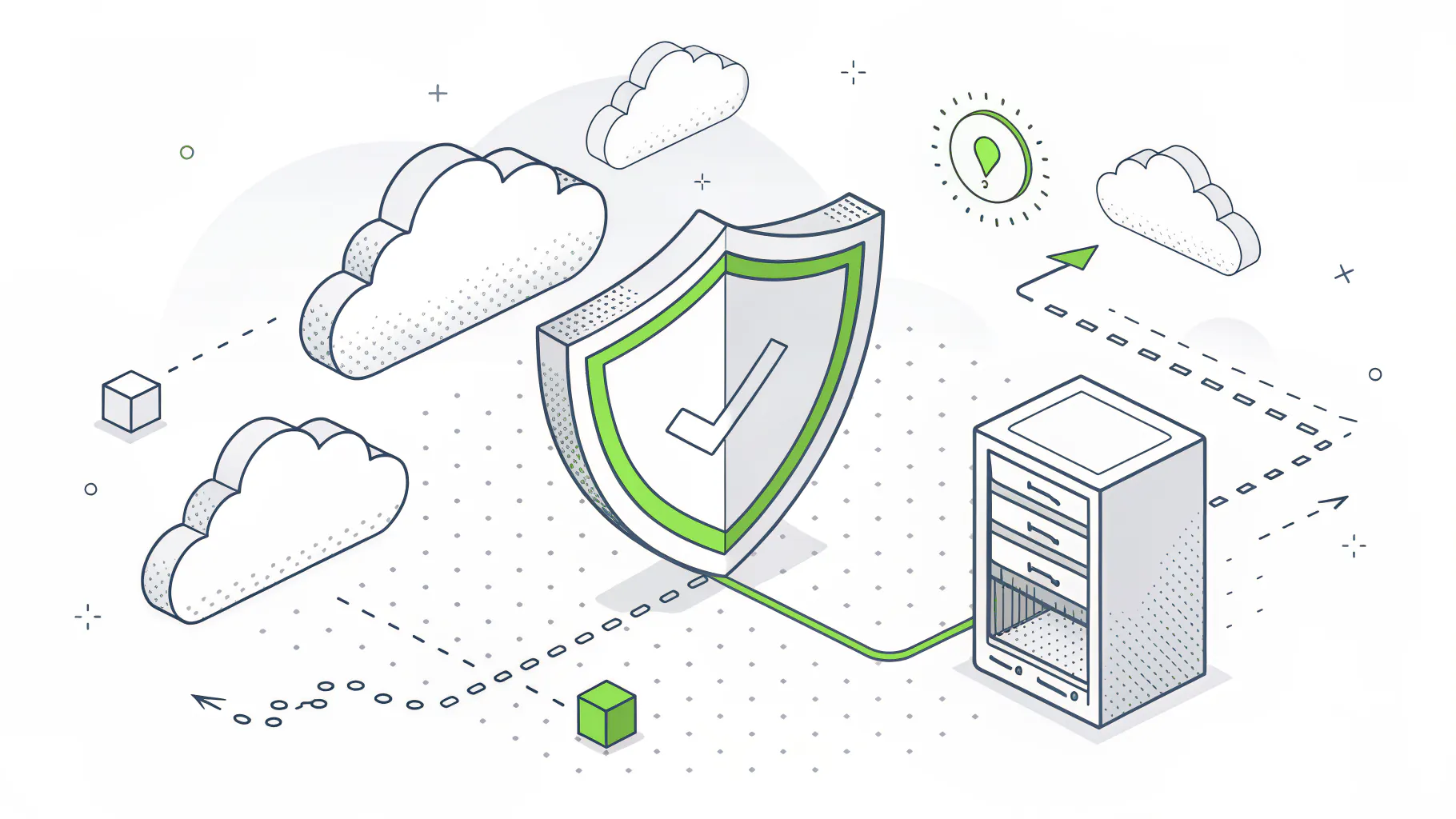 Two clouds and a private server cabinet linked around a shield, representing a multi-cloud and private cloud failover strategy