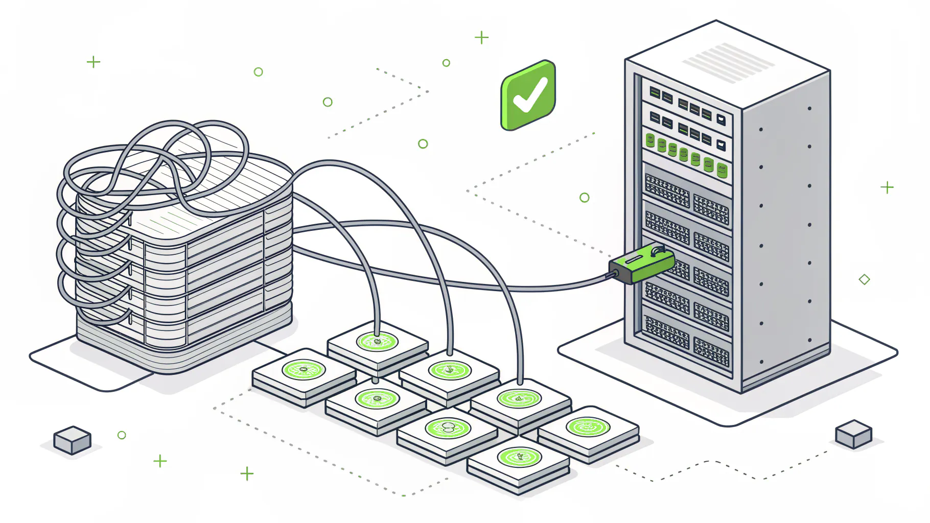 Tangled cables becoming organized connections into a tidy server rack, representing the switch from reactive IT to managed services
