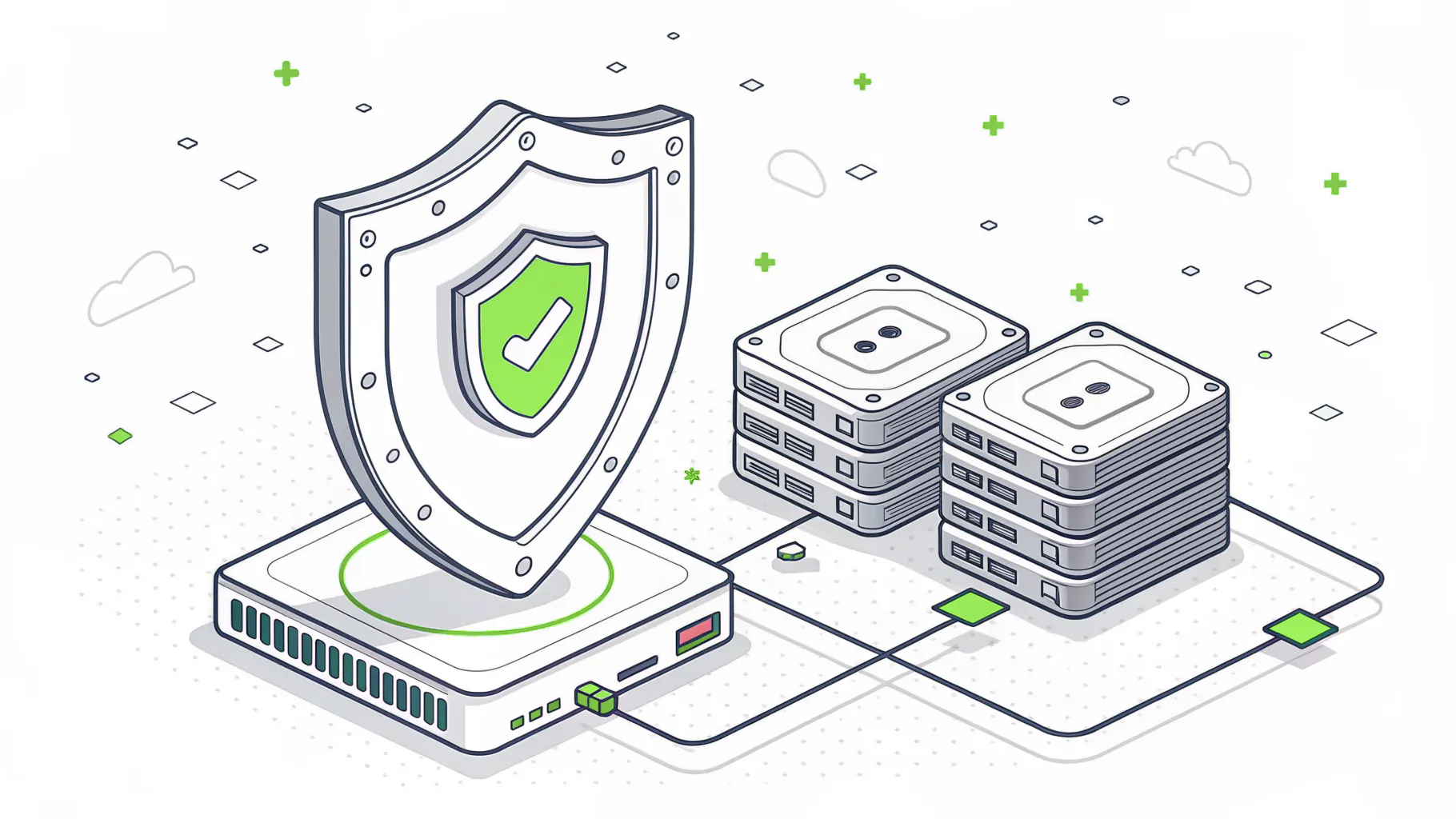 Shield over a backup appliance connected to separated network zones, representing validated backups and network segmentation
