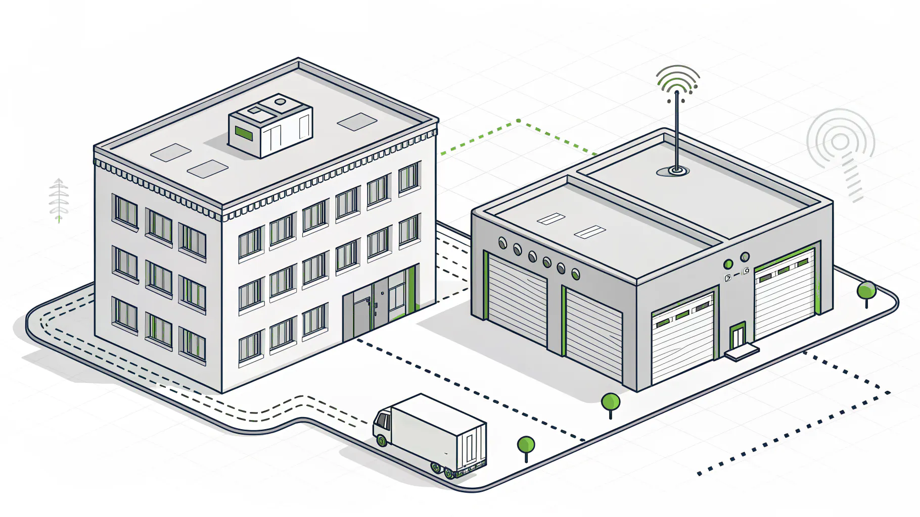 An office building and a warehouse with loading dock doors linked by one network line, representing multi-site IT costs for South Bay businesses