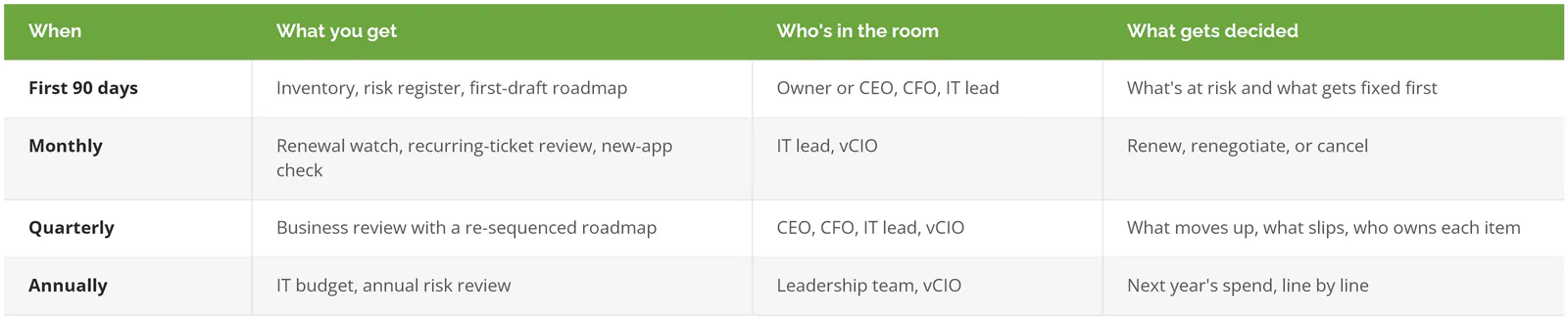 A year with a vCIO, from the first 90 days to the annual budget, showing what you get, who is in the room, and what gets decided