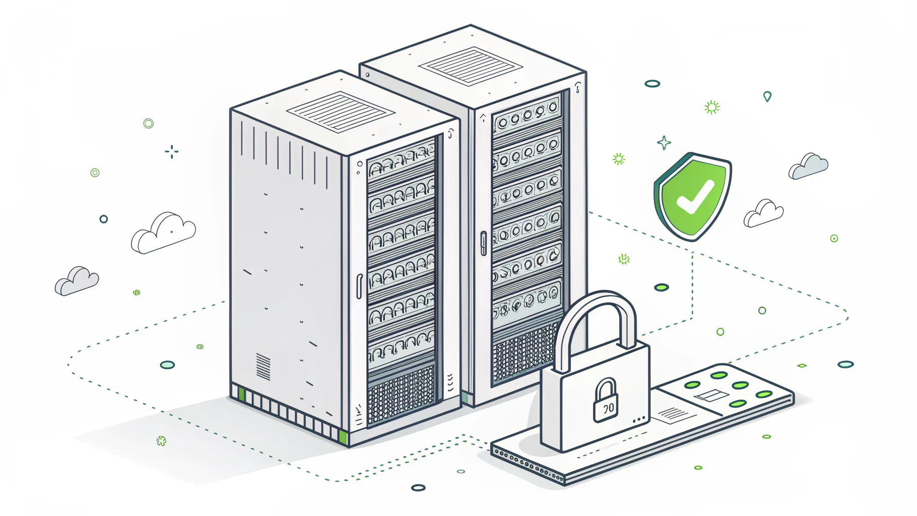 Two separated server racks behind a padlock and badge reader, representing network segmentation and access controls that isolate design data from general traffic