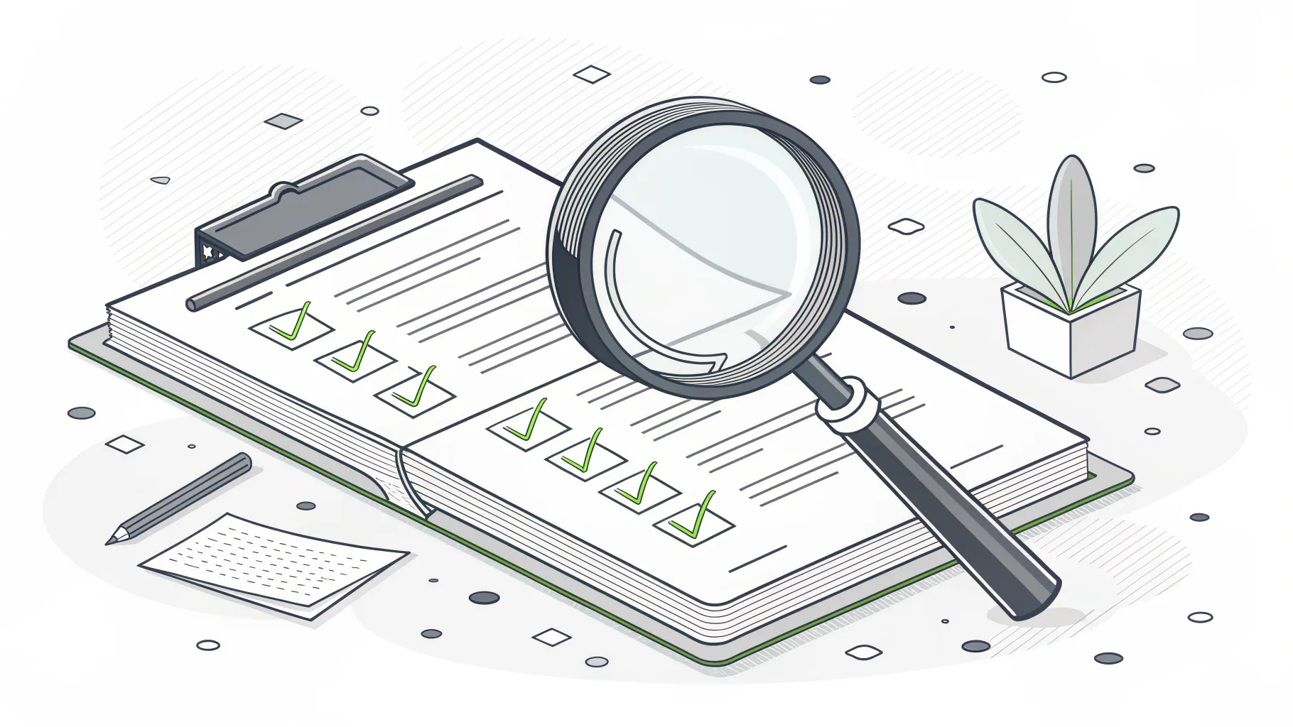 Isometric illustration of a magnifying glass over an open checklist on a desk
