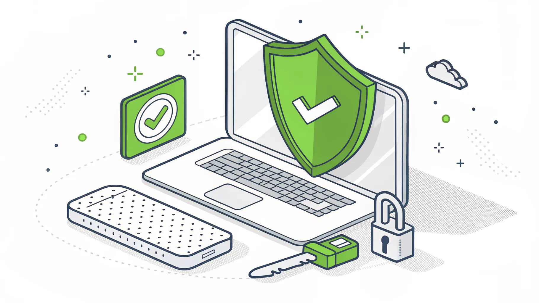 A laptop behind a green shield with a check mark next to a padlock and key, representing patched and protected devices