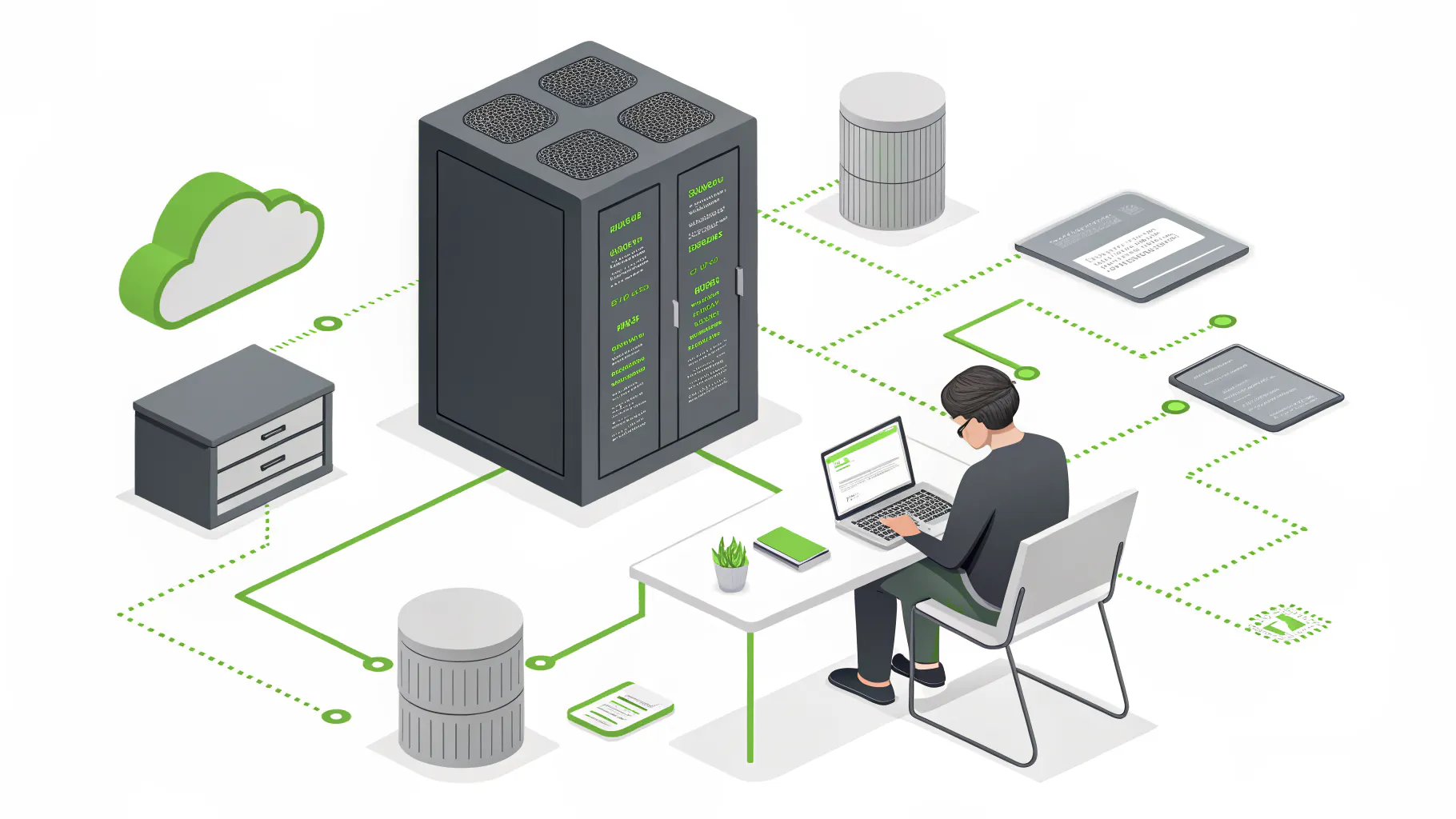Managed SIEM log collection hub wired to firewall, laptop, cloud, and server with an analyst reviewing alerts