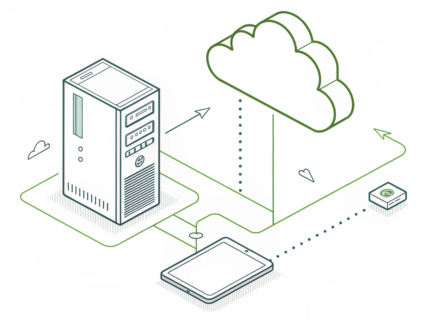Line illustration of on-premises servers migrating to cloud infrastructure
