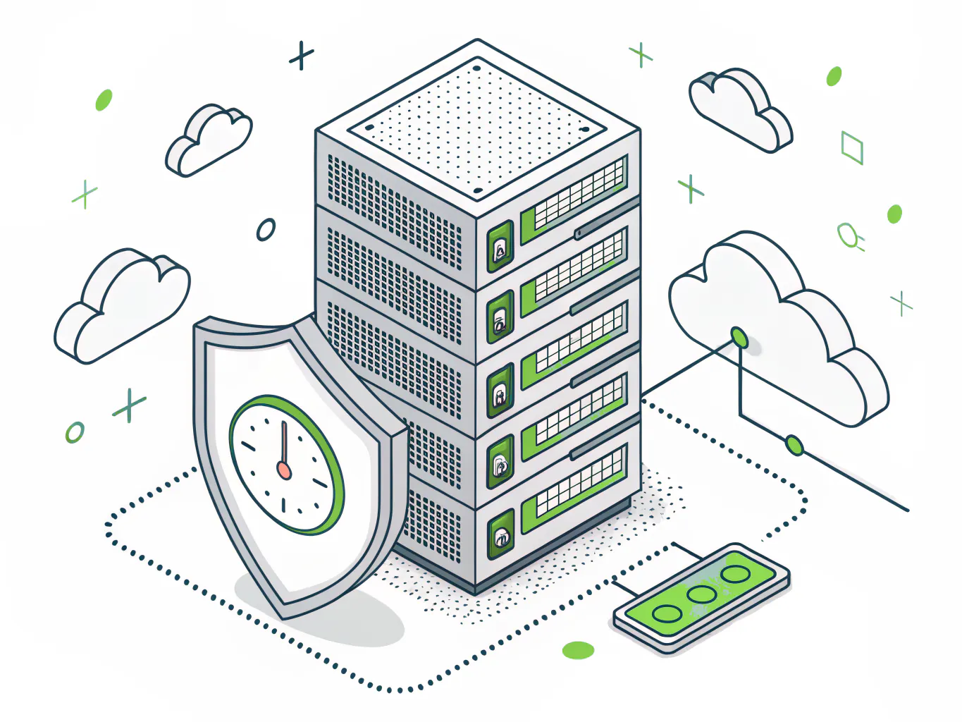Managed cloud server stack with security shield and cost gauge, Consilien green