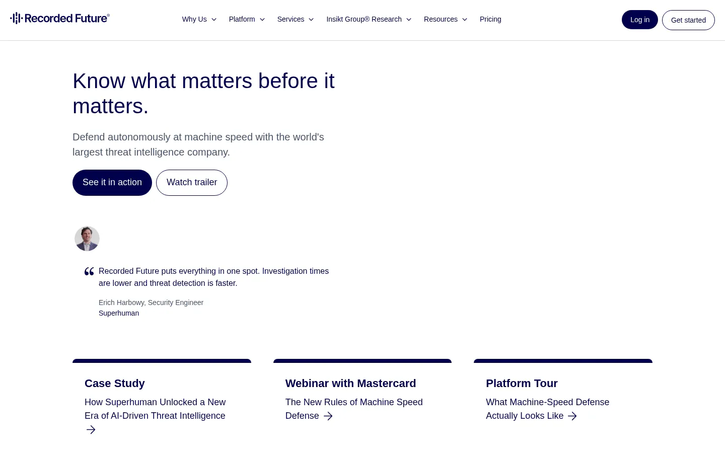 Recorded Future threat intelligence platform homepage