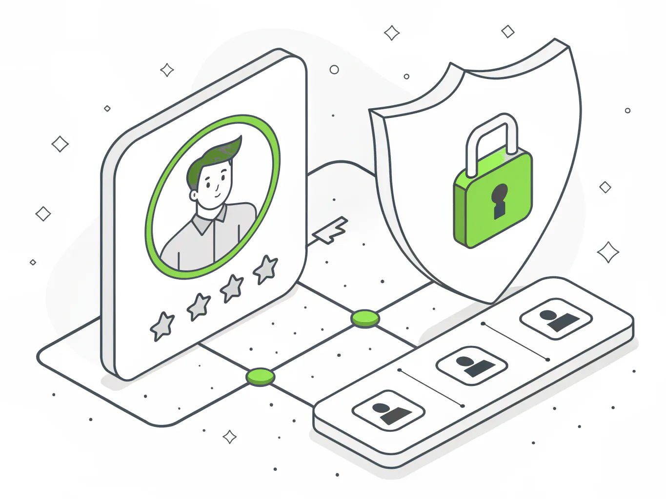 User identity badge linked to account permissions beside a padlocked security shield