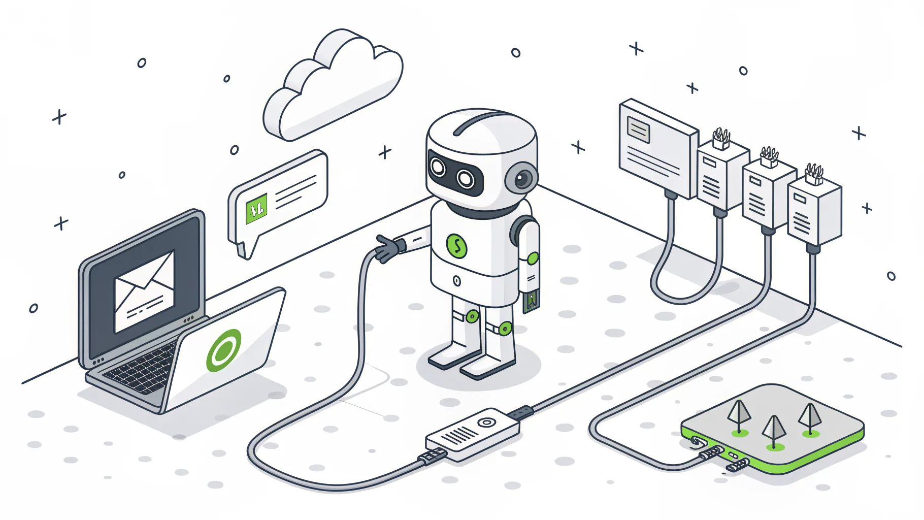 An AI assistant connected by cables to an inbox, a shared drive, and a CRM, with one connection passing through a checkpoint